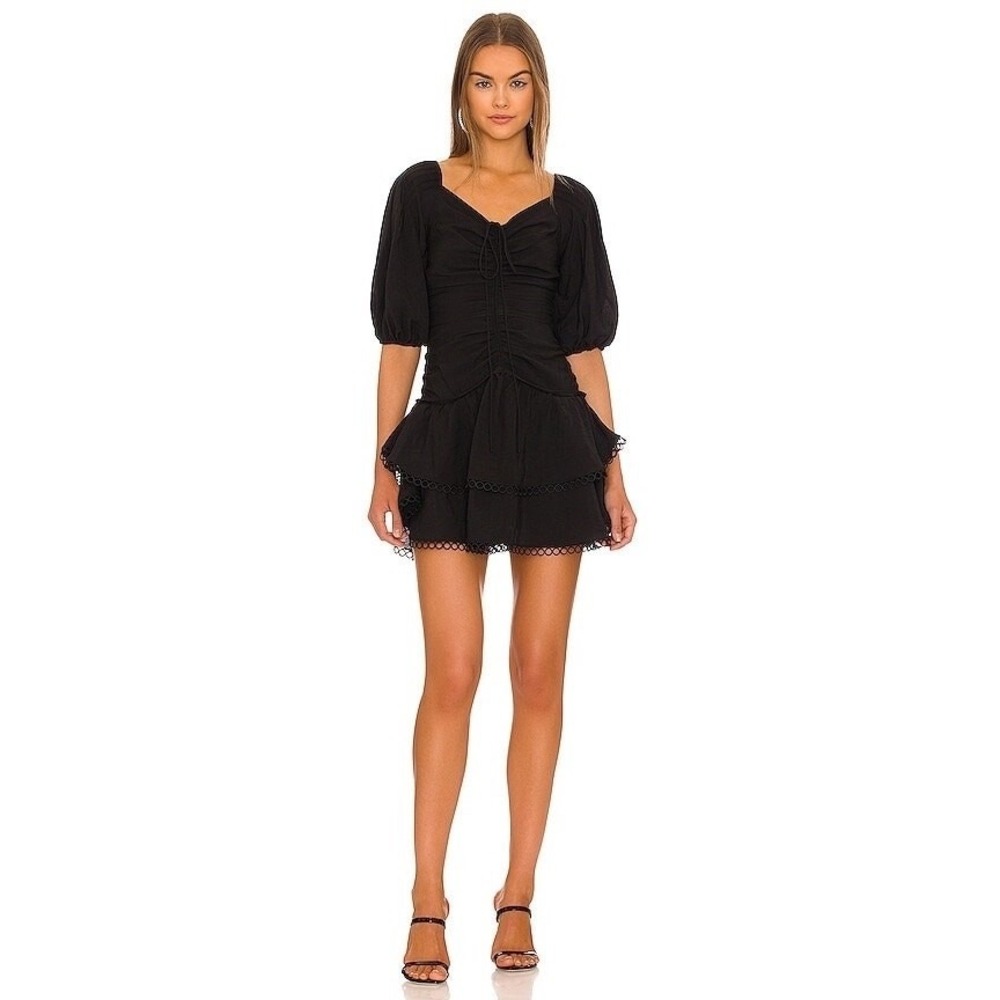 Jonathan Simkhai Auden Black Puff Sleeve Ruched Mini‎ Dress Size 12 New